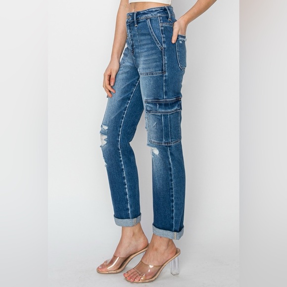 RISEN Full Size High Rise Cargo Ankle Roll Up Straight Jeans - Picture 6 of 7